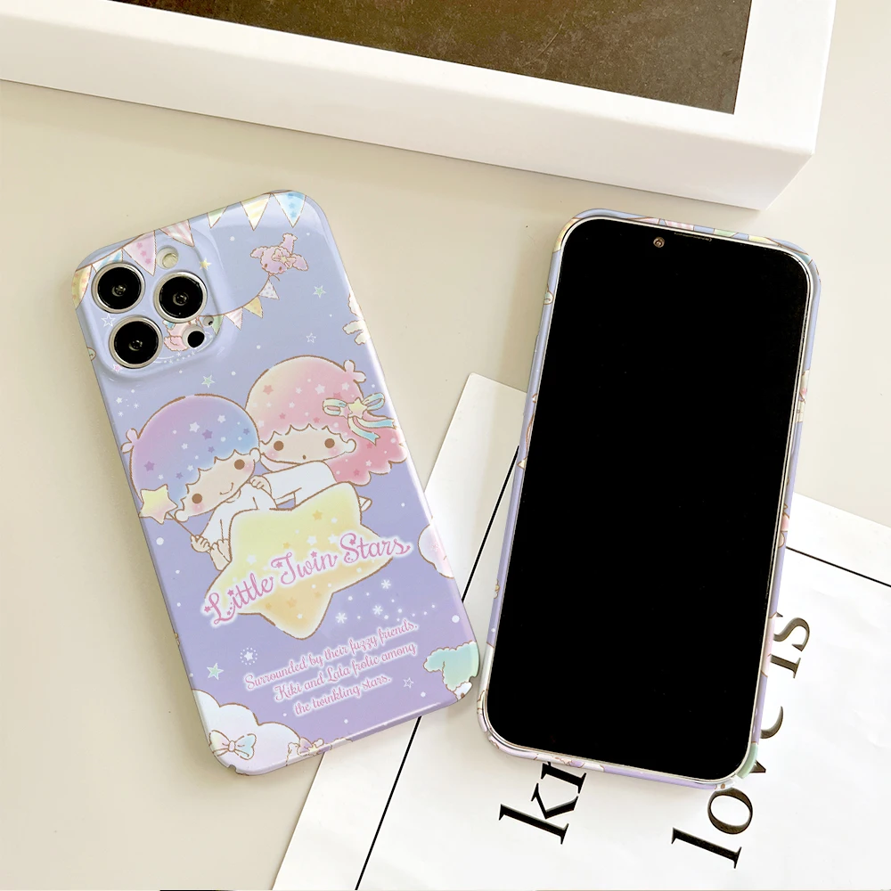 MINISO Cute L-Little Twin Stars For IPhone 16 15 14 13 12 11 Plus Pro Max Mini All-inclusive Glossy Hard Cover Film Shell