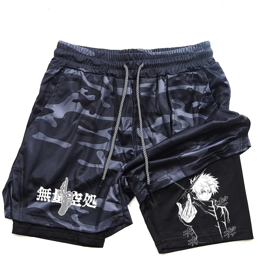 Pantalones cortos de compresión de Anime para hombre, ropa deportiva de verano, 2 en 1, entrenamiento, Fitness