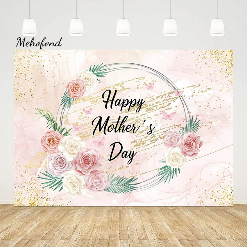 Mehofond Photography Backdrop Happy Mother 's Day Theme Carnation Flower Pink Gold Glitter Decoration Background Photo Studio