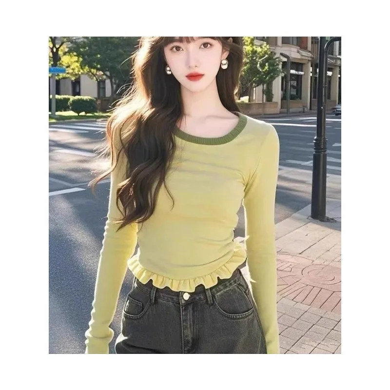 الخريف D الشتاء شيك الفطريات هيم سليم قصيرة قاع قميص للنساء تي شيرت بأكمام طويلة تيز مذهلة