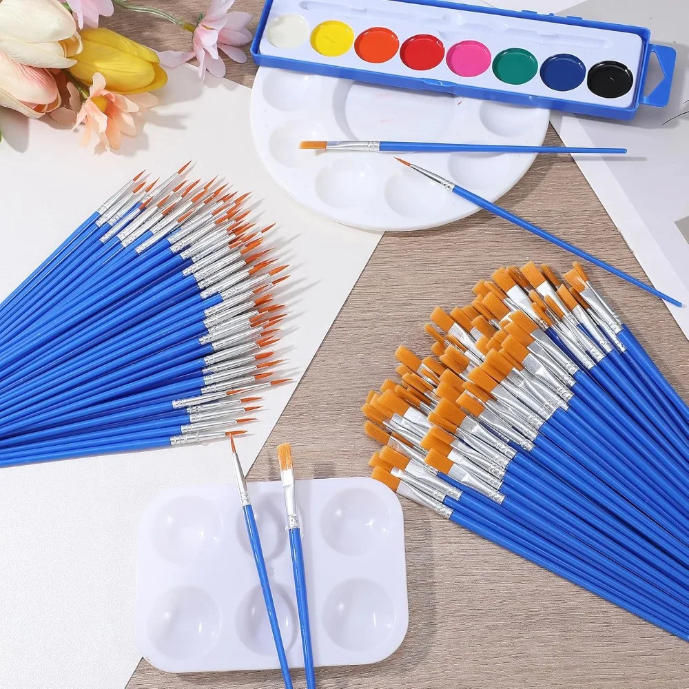 50Pcs Art Painting Brushes Set for Oil Acrylic Watercolor Round Flat Nylon Hair Suitable Artists Beginners Students Home DIY