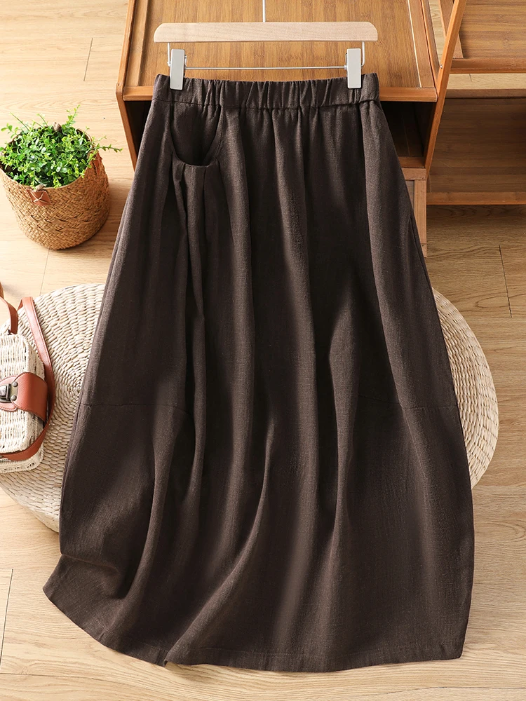 Retro Japanese Style Loose Fit Linen Half Skirt Women's High Waist Elastic Waist Casual Bloom mid Length Skirt