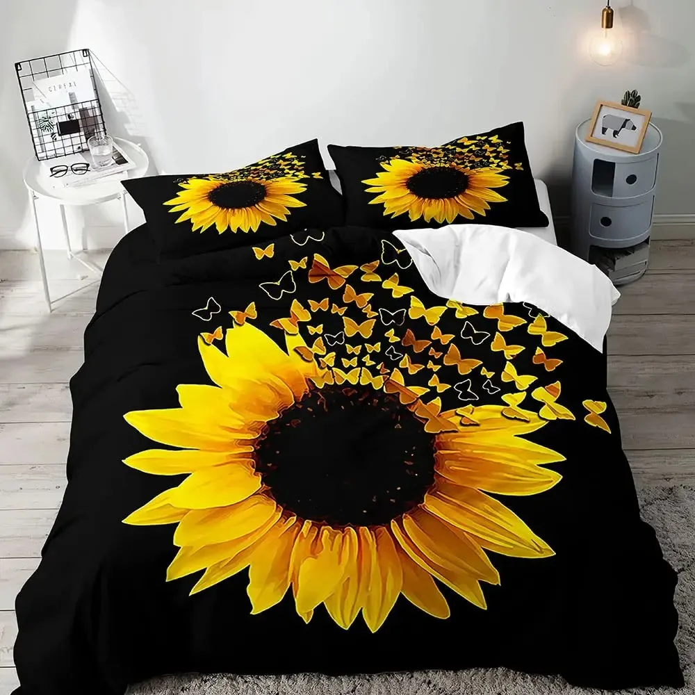 

Orange Sunflower Printed Bedding Set for Lover Couples Gift Flower Pattern Duvet Cover Quilt Home Use Bedlines Double Bed Quilt