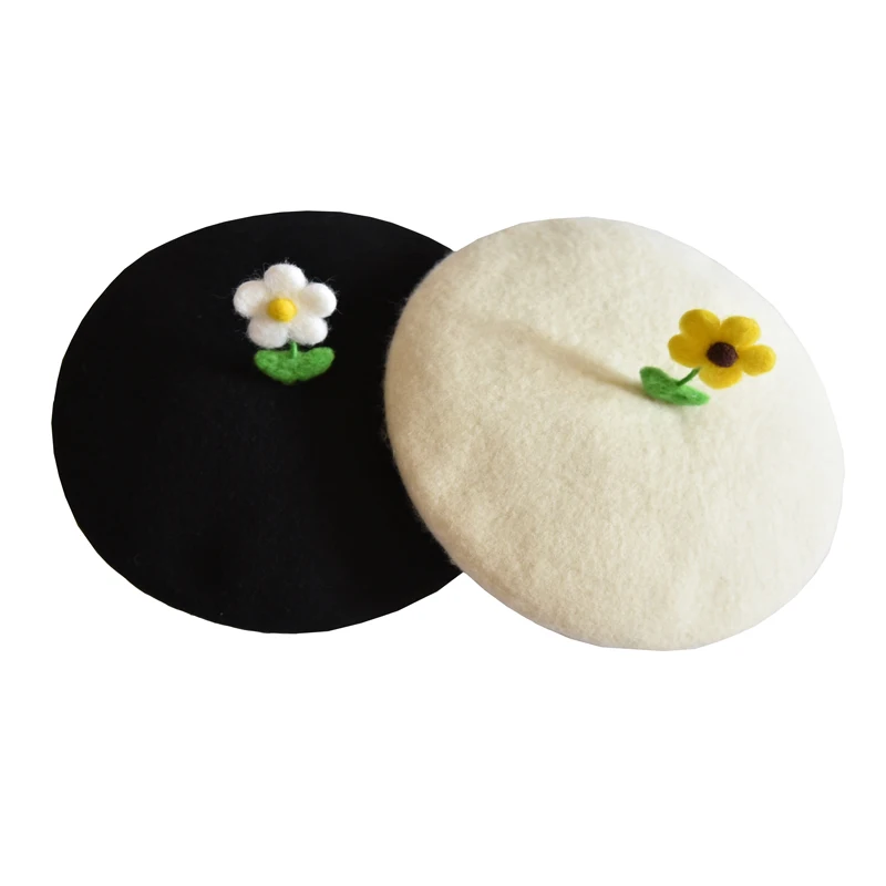 RH Autumn Winter Flowers Wool Felt Cute Berets Sunflowers White Yellow Sweetie Handcraft Female Warm Hat