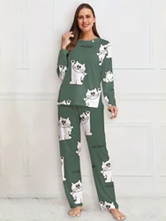 Kitty Hands up Print Casual and comfortable crew neck Long sleeve T-shirt Top and trousers women's pajama set