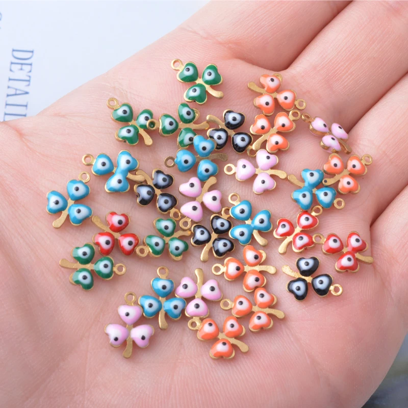 30 Stück glückliche vierblättrige Kleeblatt-Anhänger, beidseitig emailliert, bunte Kupfer-Osteraugen, Anhänger für DIY-Schmuckherstellung. – Detail 3