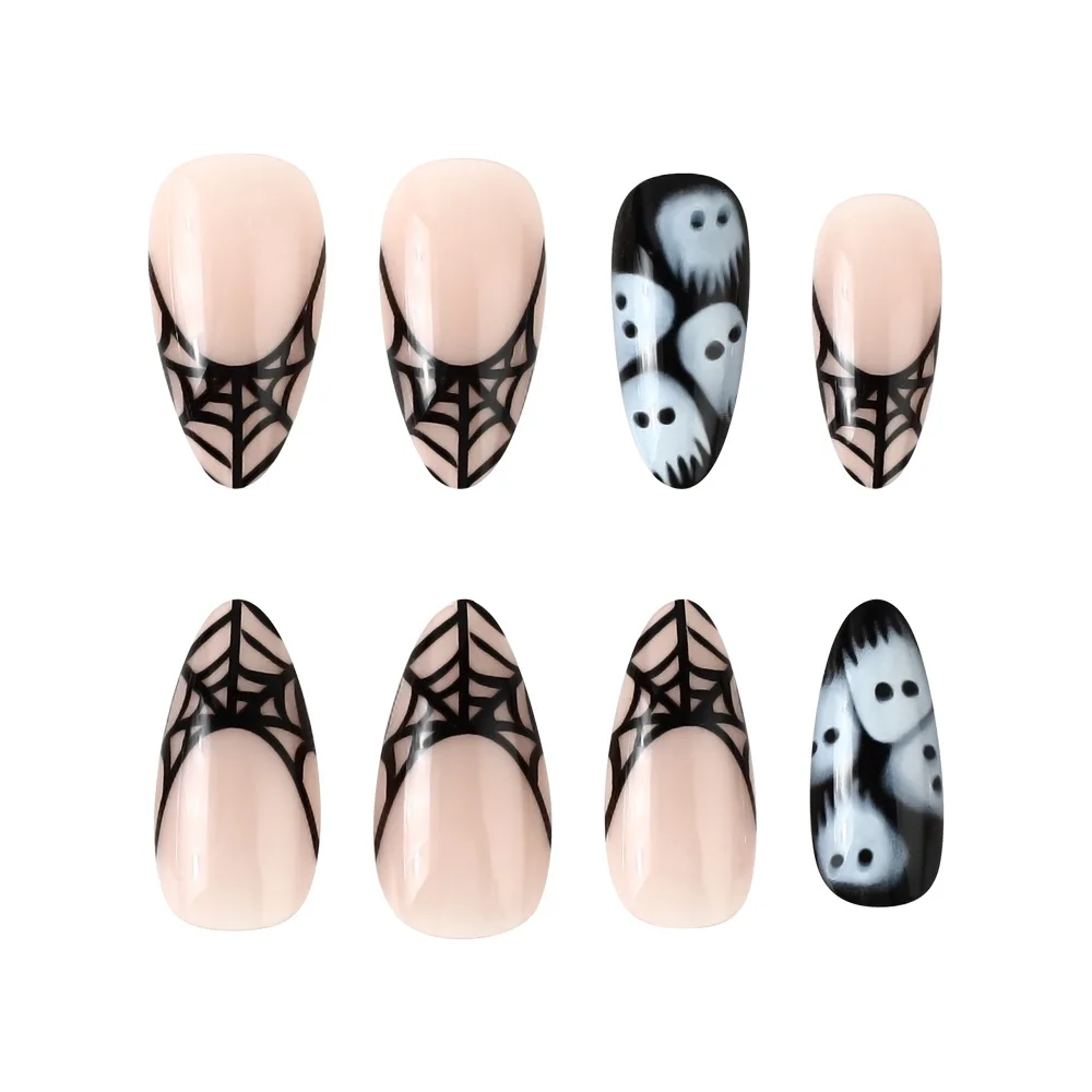 Uñas postizas con forma de almendra de Halloween, pegatina reutilizable para uñas, brillante, murciélago negro, calabaza, fantasma, Araña, 24 unids/lote por caja