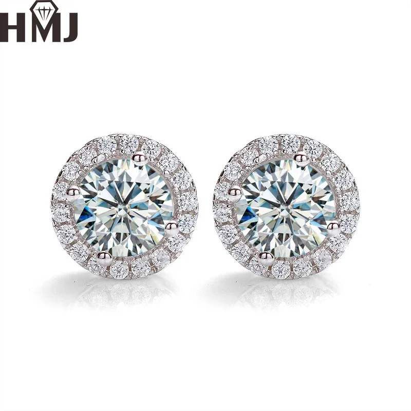 GRA Certified Real Moissanite Diamond Stud Halo Earrings 1 Carat Pure 925 Sterling Silver for Women Wedding Fine Jewelry