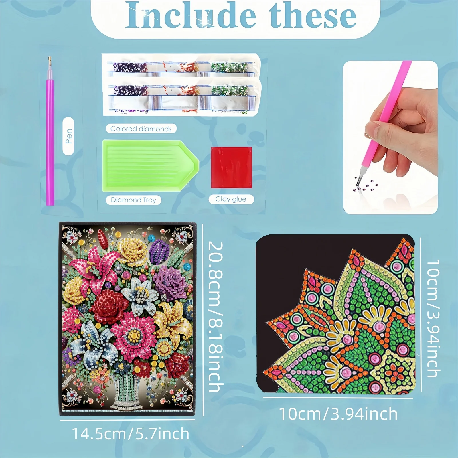 2pc, 1 Diamond Painting Notebook +1 Bookmark, Bouquet Pattern, PU Leather, Diary Writing, Protect Book Corner Bookmark