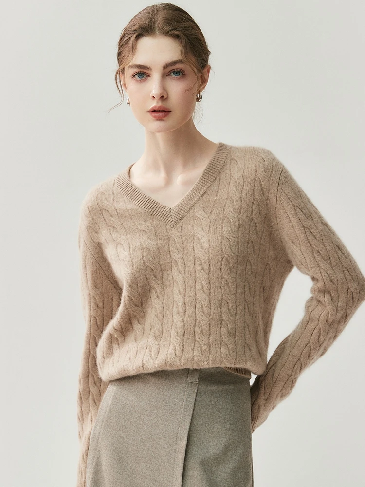 

Luxury Autumn Winter Women's Basics 100% Cashmere Sweater Cable Stitch V-Neck Pullover High Quality Solid Color Knitted Clothing