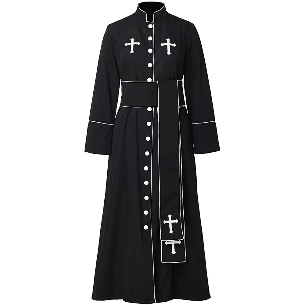 Clergy Cassock Robe for Women Church Pastor Priest Cross Costume Roman Stand Collar Belt Outfit Uniform