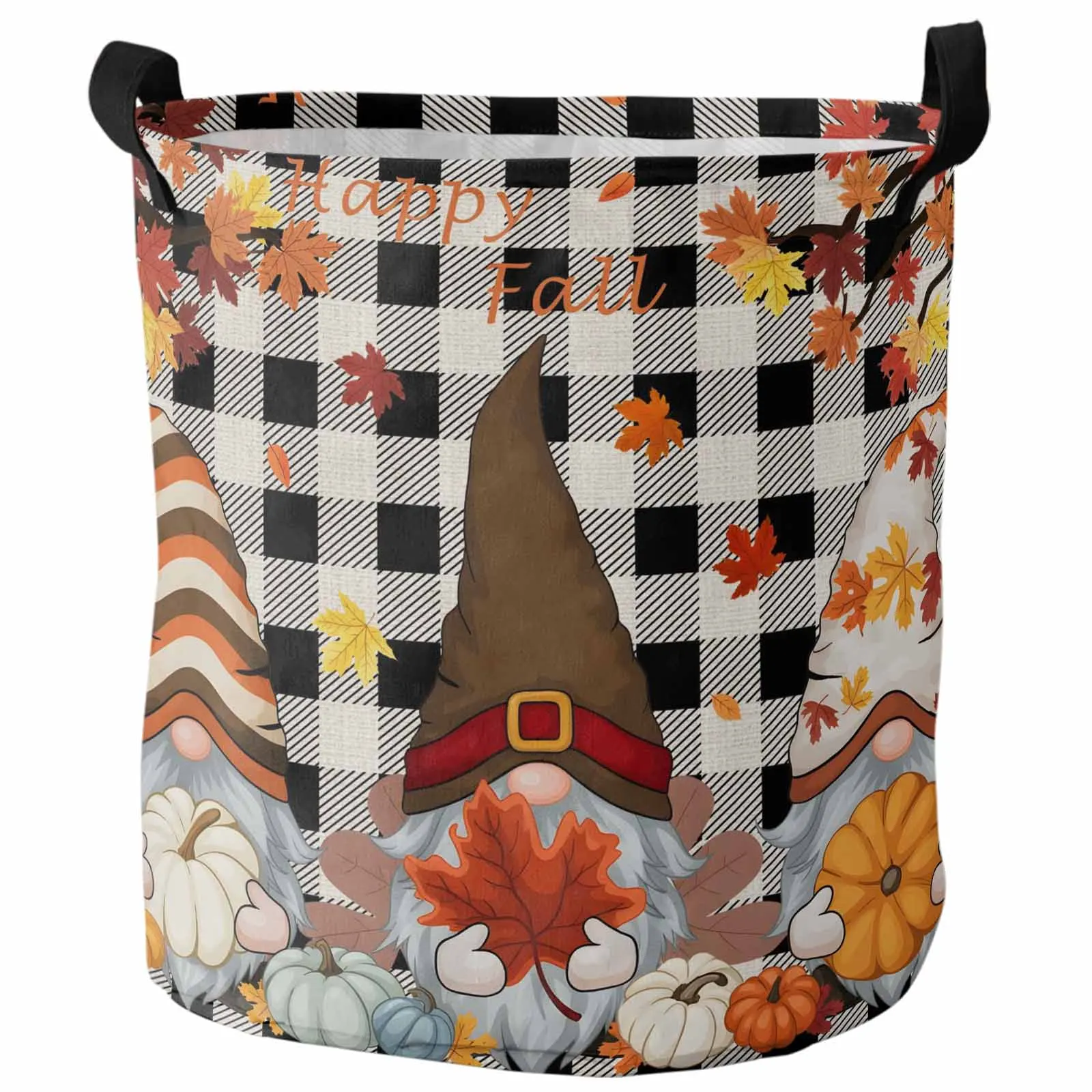 

Black Plaid Maple Leaf Gnome Foldable Dirty Laundry Basket Kid's Toy Organizer Waterproof Storage Baskets