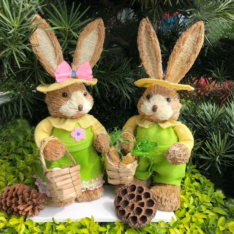 Easter Rabbit Straw Woven Bunny Decoration Ornament Easter Holiday Decors w/ Clothes Yard Party Home Desktop Supply 35CM P31B