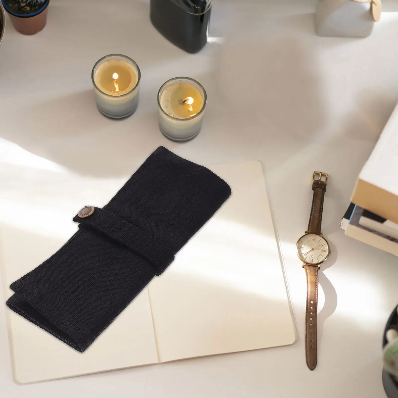 

Smart Watch Strap Compressible Canvas Storage Bag Black Large Size Easy Use Protective Case for Pen Storage Watch Strap Bag