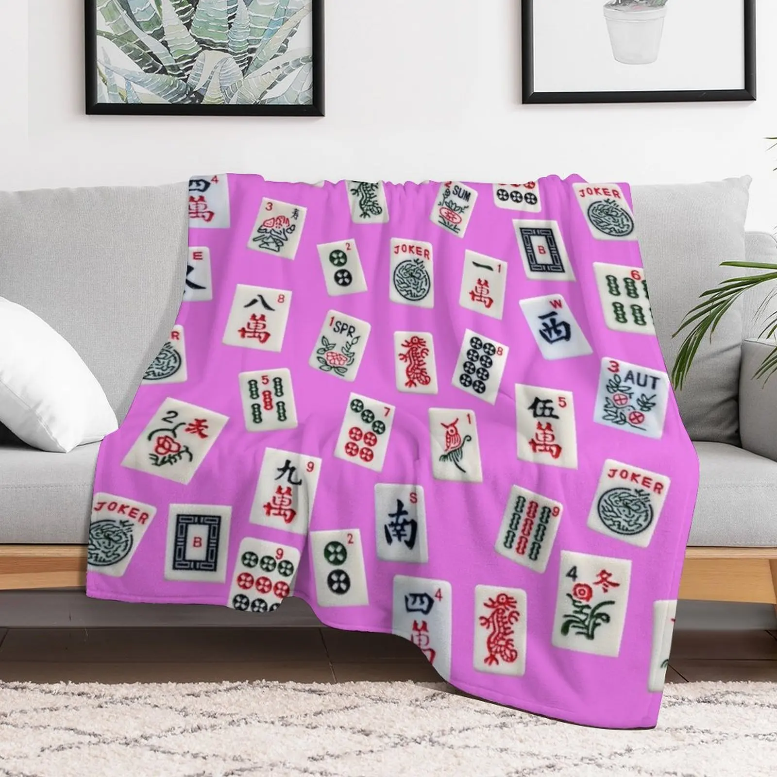 Mahjongg game tiles design on pink color Throw Blanket