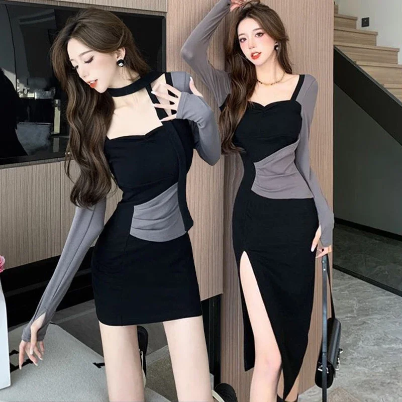 Dress Dalaman wanita, Gaun panjang terbelah seksi lengan panjang musim semi 2025 untuk perempuan Korea Slim Fit temperamen elegan