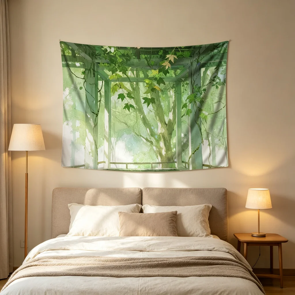 1PC Window Green Leaves Print Backdrop Banner, Bedroom Photo Background, Polyester Wall Hanging, Home Decor, Wall Art