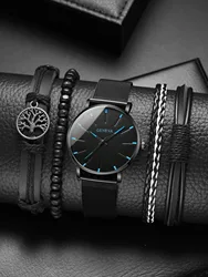 5PCS Set Mens Fashion Ultra Thin Watches Men Business Casual Quartz Wrist Watch Luxury Black Stainless Steel Mesh Belt Watch