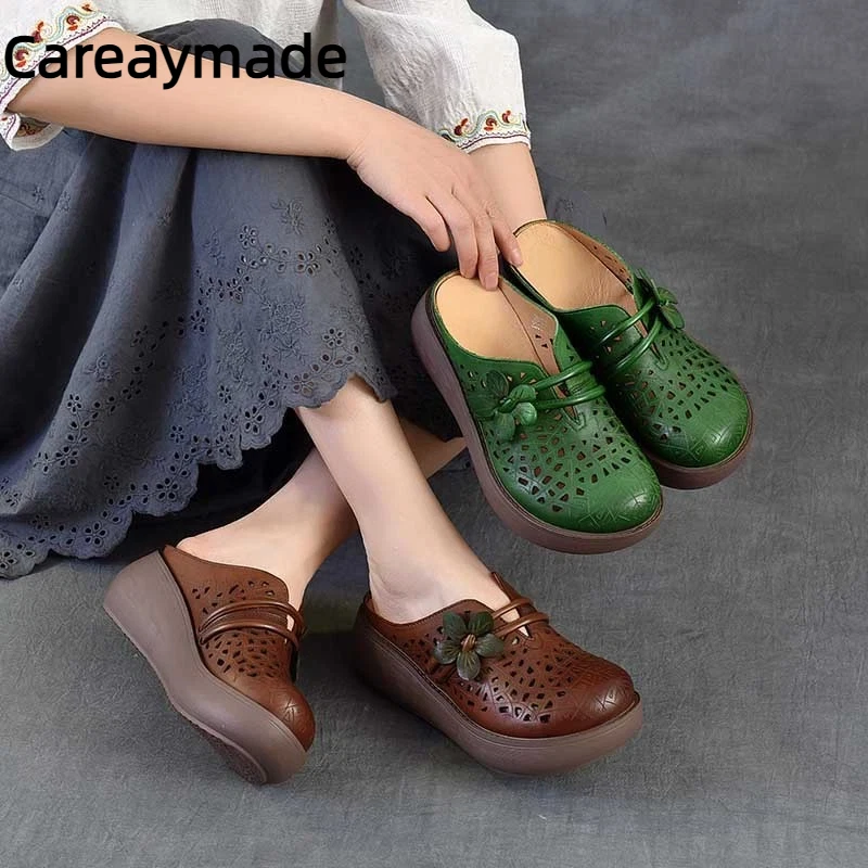 

Женские сандалии Careaymade в этническом стиле с цветочным узором, на танкетке, из натуральной кожи, с вырезами, в стиле ретро, для улицы, новинка лета 2026