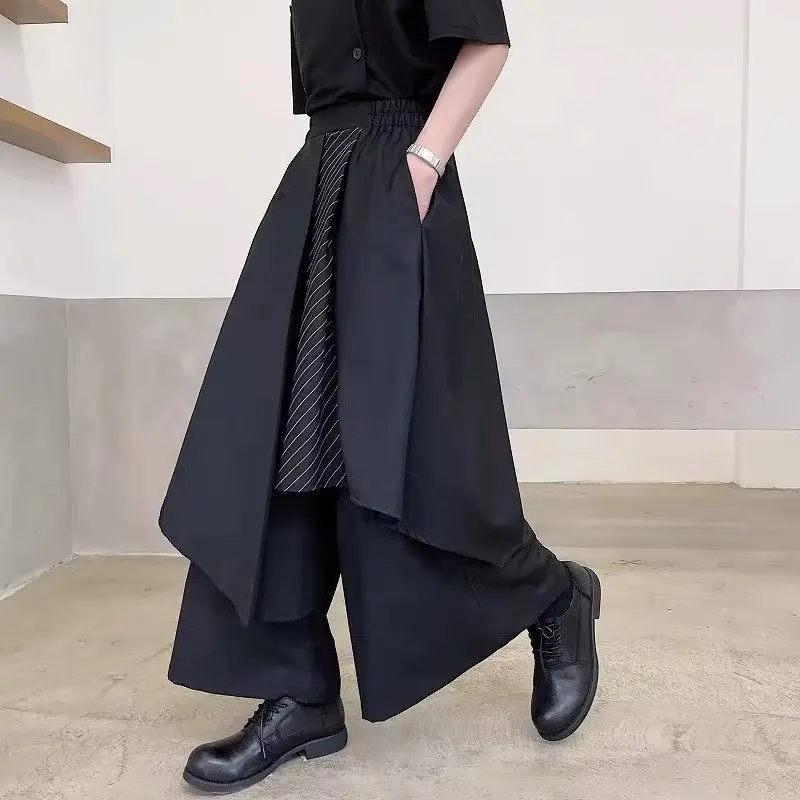 Summer Yamamoto Style Dark Stripes Contrasting Color Irregular Loose Wide-leg Pants Men's Nine-point Pants Skirts Trendy