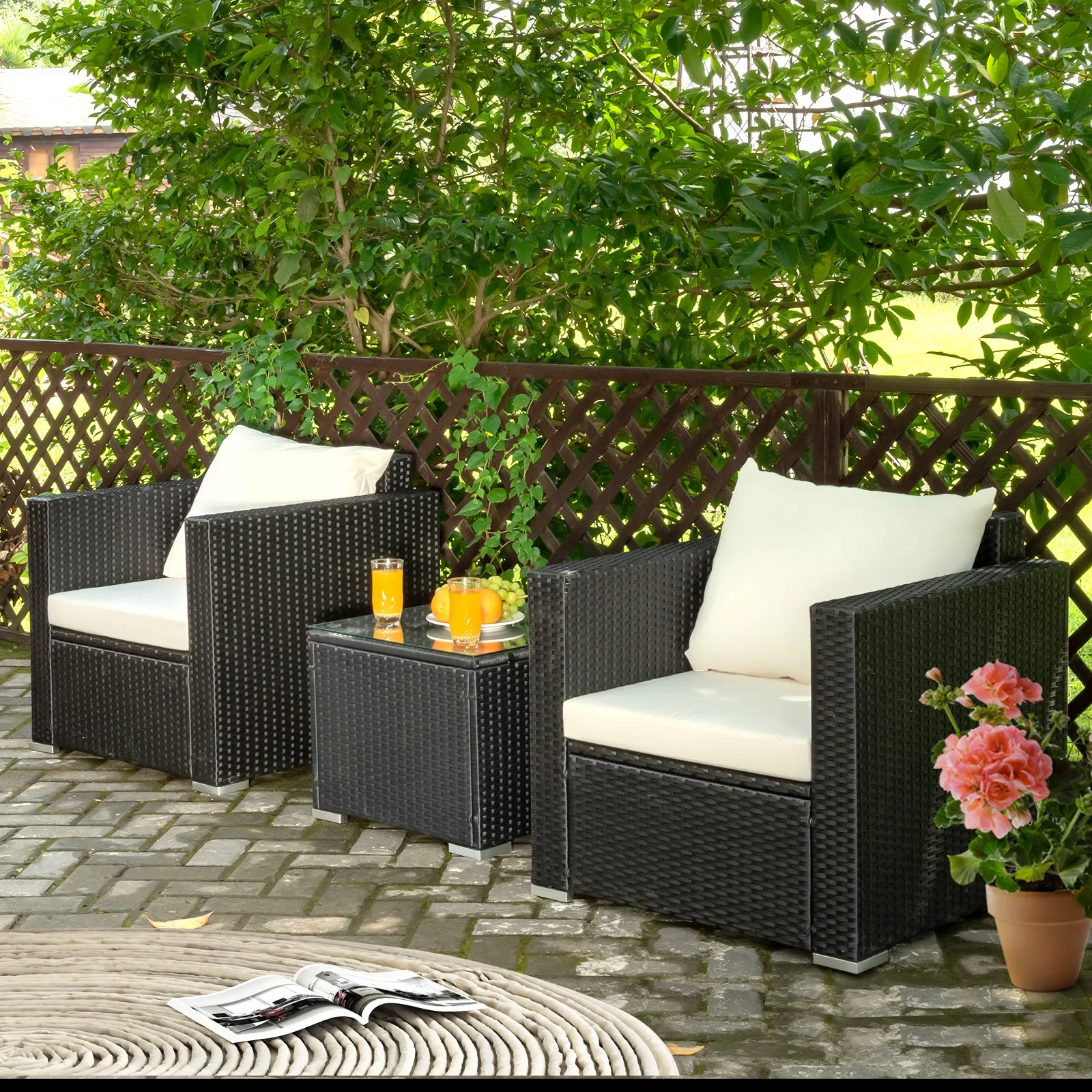

3PCS Rattan Furniture Set Conversation Rattan Sofa Set W/ Cushion Garden