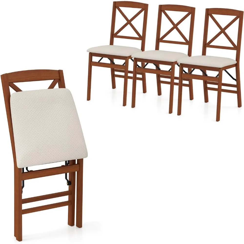 Folding Dining Chairs Set of 4, Modern Kitchen Chairs w/Padded Seat & Cross Backrest, Rubber Wood Frame, Max Load 400 LBS