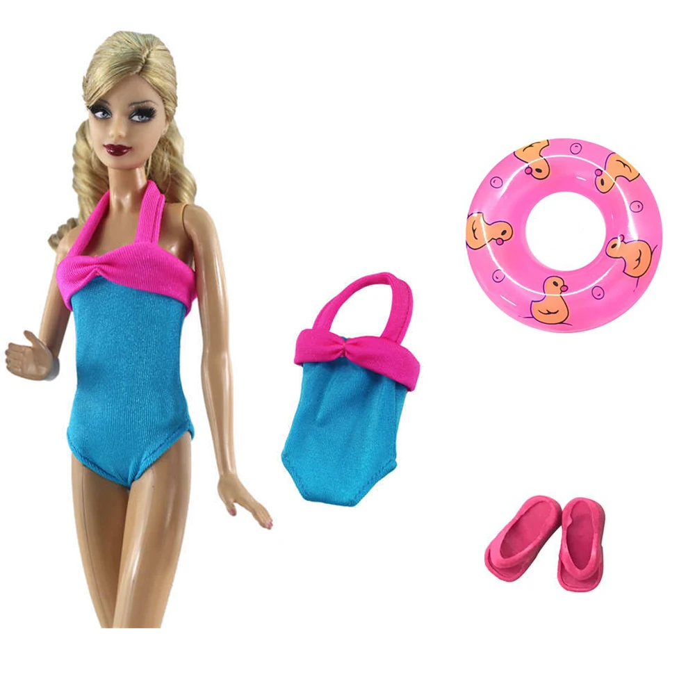 NK 1 Set Princess Blue Conjoined Beach Swimsuit + Slippers + Swimming Buoy Lifebuoy Ring For Barbie Doll Accessories Gift Toy