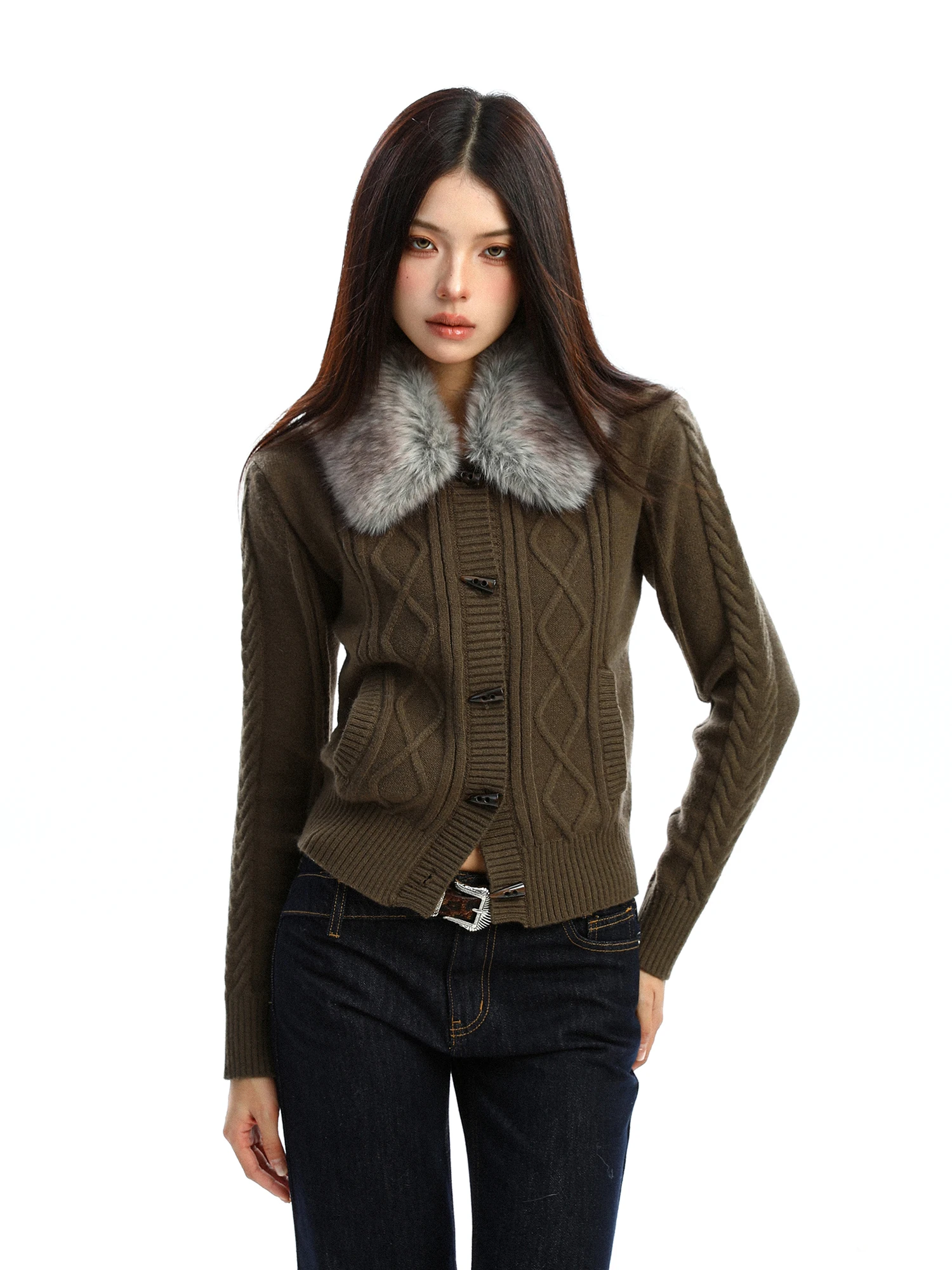 

Вязаный свитер в стиле ретро Biggold, женский, осенне-зимний, приталенный, с V-образным вырезом, на пуговицах, с воротником из искусственного меха, длинный топ