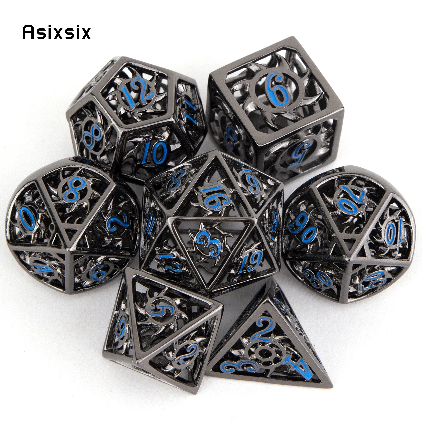 

7 Pcs Black Blue Rotary Cyclone Metal Dice Hollow Metal Polyhedral Dice Set Suitable for Role-Playing RPG Board Game Card Game