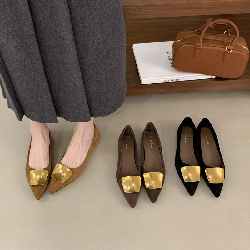 

SUOJIALUN 2026 Spring New Brand Women Flat Shoes Fashion Gold Metal Buckle Ladies Boat Shoes Soft Flat Heel Slip On Single Shoes