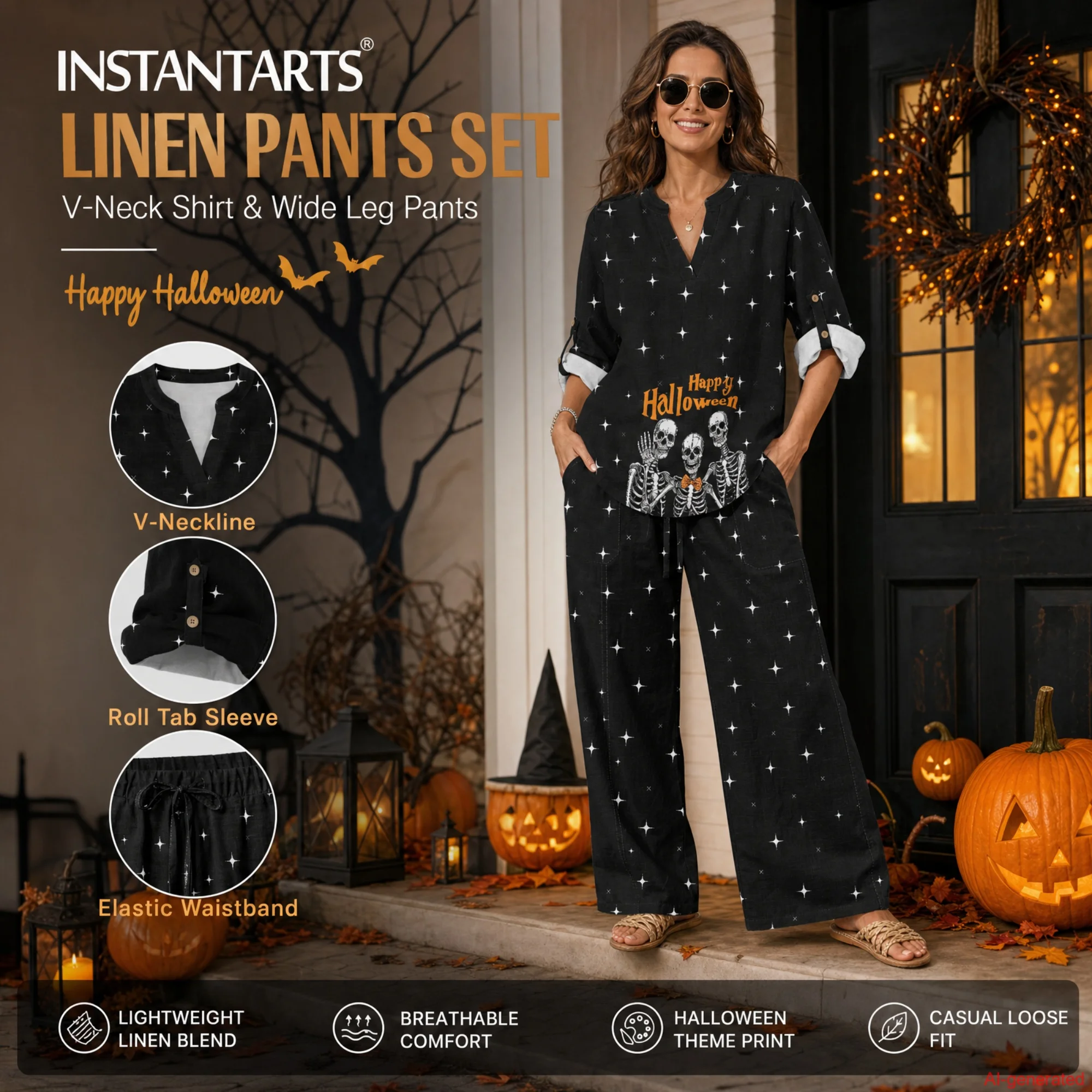 INSTANTARTS Women's Matching Sets Roupas Feminina Lounge Sets V-Neck Long Sleeve Wide Leg Pants Set Traf 2026 Halloween Shirts
