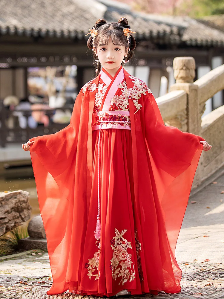 

Traditional Chinese Style Red Floral Embroidery Dress Ancient Hanfu Girls Oriental Costume Kids Fairies Tang Dynasty Performance