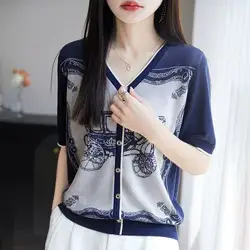 Summer Thin Short Sleeve V-Neck T-Shirt Women's Base Layer Top Silk Blend Knitted Large Size Casual Elegant Style