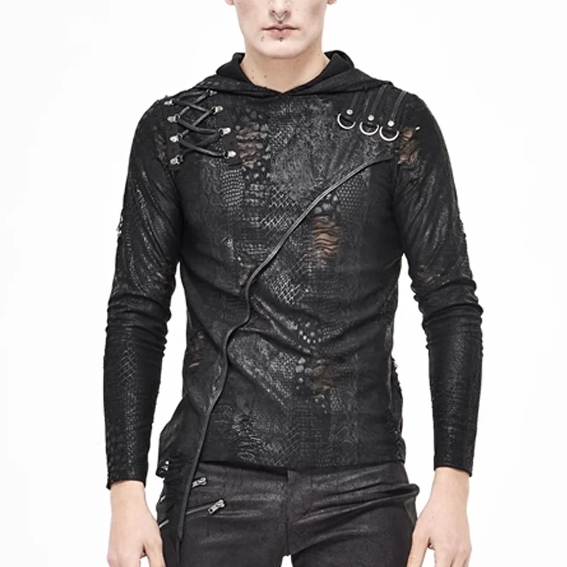 2024 Men's Clothing Gothic Kill Matt Casual hole steam punk hooded t-shirt Top  street rock long sleeved rivet T-shirt