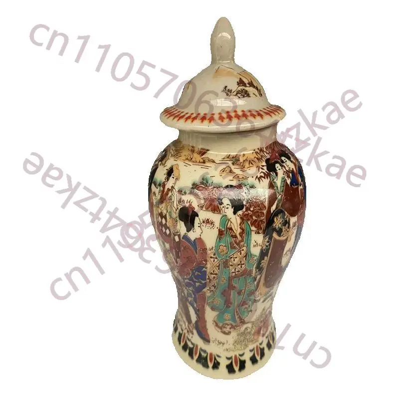 

Chinese Old Porcelain, Pink painted ancient Japanese lady pattern,covered storage jar