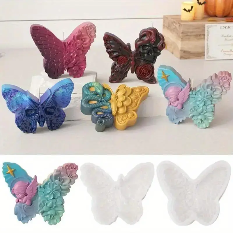 Moule en silicone Halloween Papillon Crâne Tête de Serpent pour bougies, savons, chocolats, fleurs, pâtisseries, artisanat fait main, fournitures cadeaux