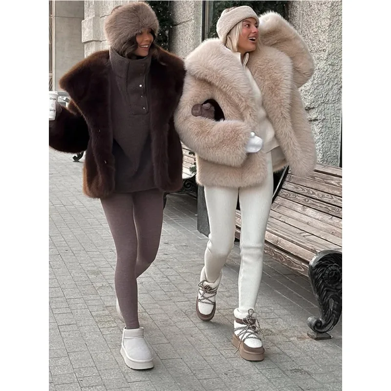 2025 hiver chaud Highstreet vêtements d'extérieur de luxe fausse fourrure femmes manteau mode revers à manches longues moelleux recadrée ample Chic veste dame