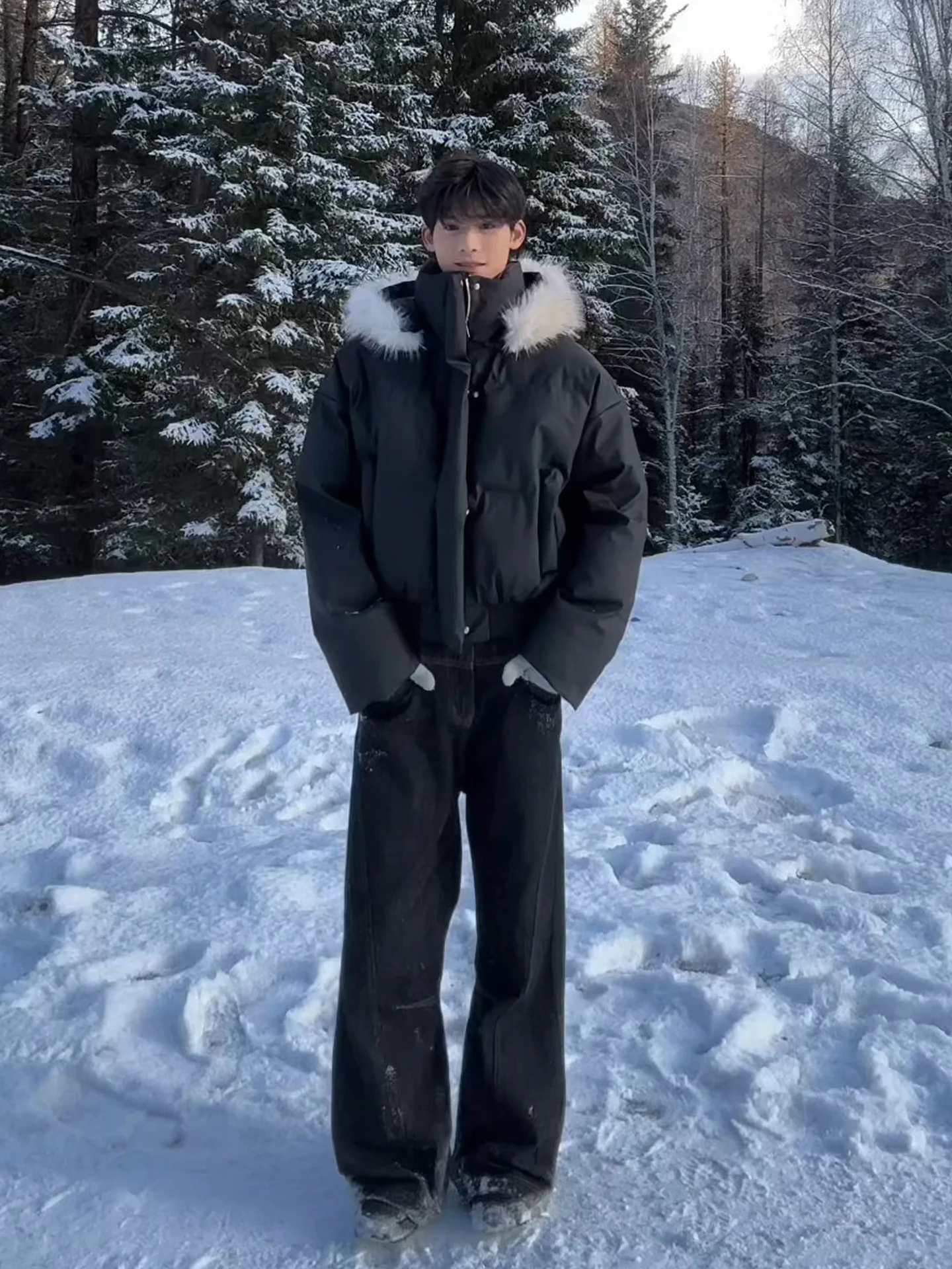 

Black PU Leather Jacket with Large Fur Collar Thickened Winter Coat Men's American Style Hooded Stand Collar down Cotton Coat