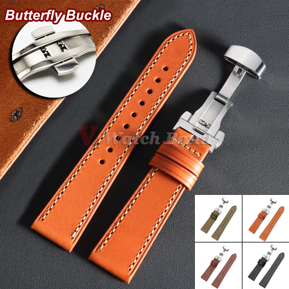20 mm 22 mm echtes Kalbslederarmband für Omega-Armband für Seiko Butterfly-Schnalle, genähtes Lederarmband, Uhrenzubehör
