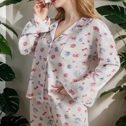 Women's Pajama Set, Long Sleeved Button Up Shirt, Flower And Fruit Printed Wide Leg Pants, Pajamas