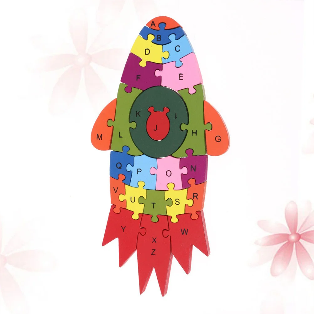 Drewniane puzzle z 26 literami alfabetu, rakieta, kolorowe klocki, edukacyjne gry logiczne dla dzieci, kreatywność, koordynacja, prezent.