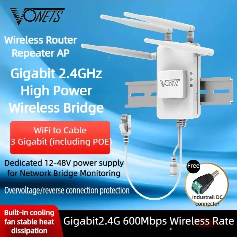 VONETS Gigabit PoE 2.4GHz WiFi Bridge Wireless Router Repeater Ethernet Adapter WiFi Extender 100/1000Mbps IoT Network Devices