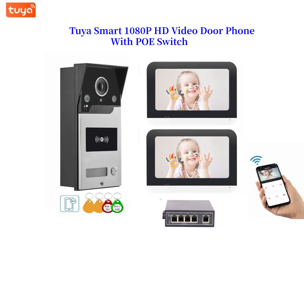 Tuya WIFI جرس باب يتضمن شاشة عرض فيديو مع POE التبديل بناء فيديو إنترفون 1080P HD شاشة تعمل باللمس فيديو باب الهاتف تتفاعل فتح مجموعة الكاميرا
