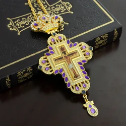 HTISOK Orthodox Cross Pendant Gold Plated Jesus Crucifix Cross with Gemstone Sacred Jewelry Baptism for Religious Decor & Gift