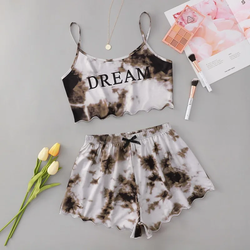 New Tie-Dye English Print Sexy Women Casual Camisole Undershirt Tops Plus Size Shorts Homewear Pajamas Set