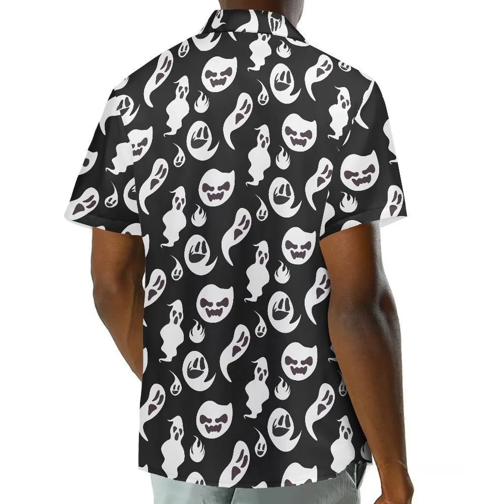 

loween Ghost Skeleton Funny Pattern Printed Men's ort Sve Turn-down Collar irt Stand Fit Breathable Cotton Casua...