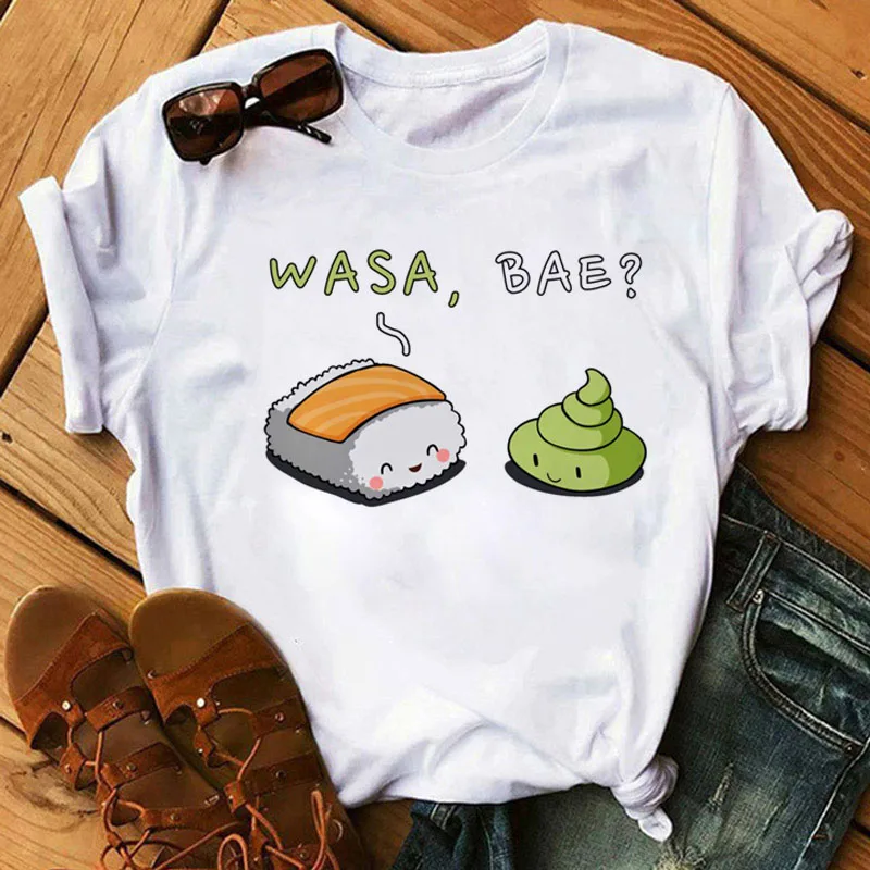 Vrouwen Zwarte T-shirts Zomer Leuke Sushi Knuffel Korte Mouw Tees Shirt Femme 2022 Zomer O-Nock Kawaii Kleding Tops dames T-shirt