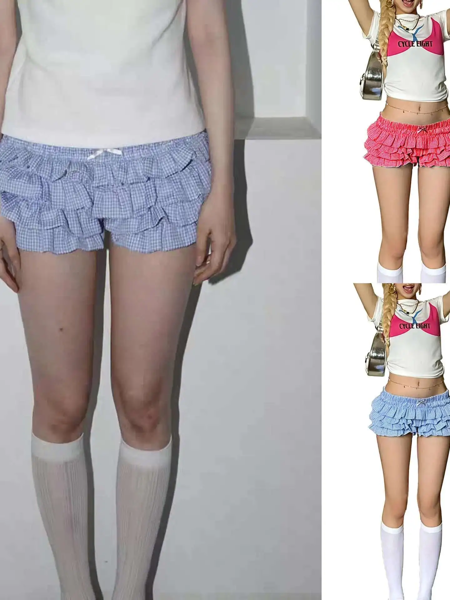 Sweet Pants Skirt Sweet Cool Low Waist Multi Layer Wave Lace Checkered Cake Shorts New Pure Desire Casual Style Charming M8P1