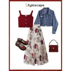 2024 New Spring Wear Loose and Fashionable Denim Jacket for Slimming and Versatile Half Skirt Three Piece Set for Woman