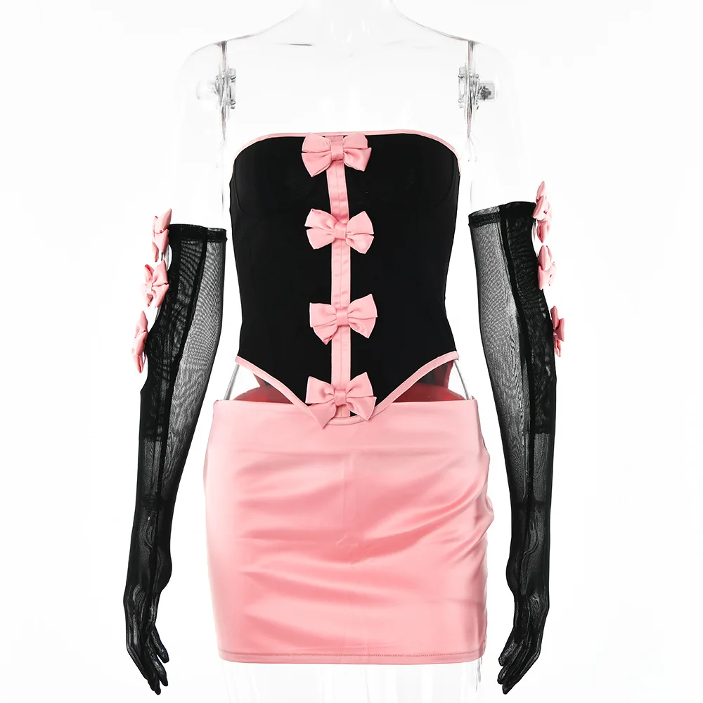 Gtpdpllt Sexy Strapless Bows Trim Women Two Piece Sets Black Gloves Corset Tops Pink Skirts Female Summer Skinny Party Clubwear